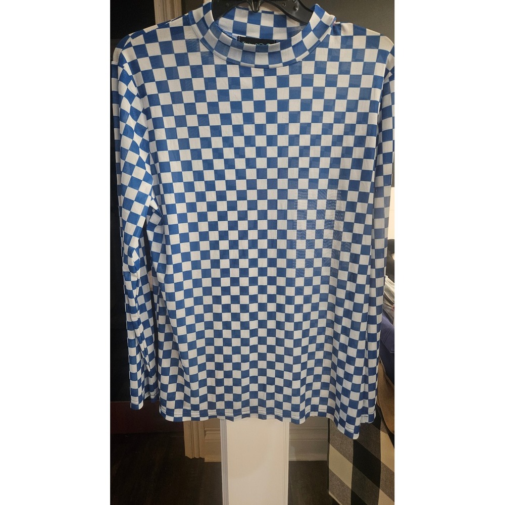 Fairycore Sterling Kreek Blue White Checkered Mesh Mock Neck Long Sleeve Top L